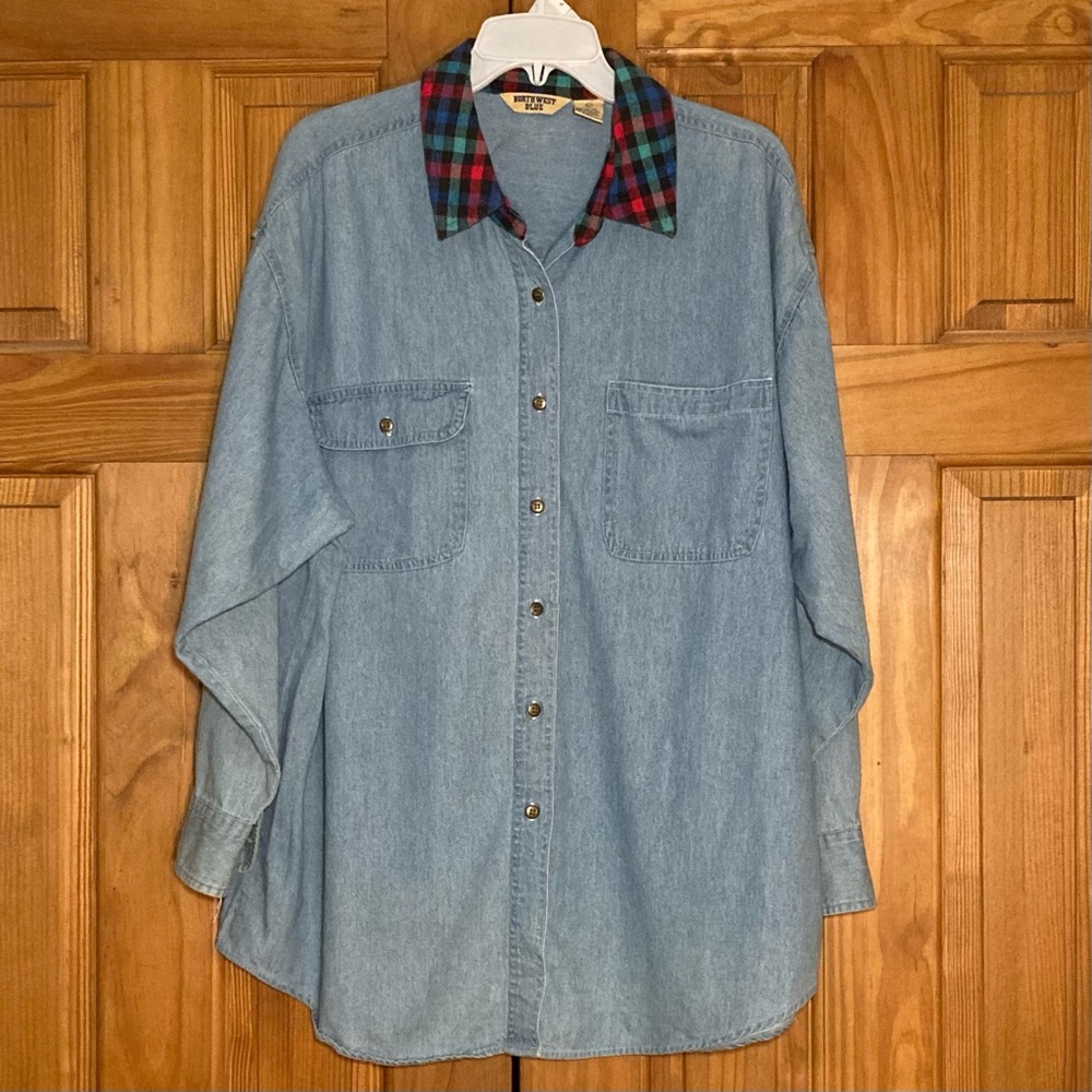 NWOT Northwest Blue Vintage 90s Top Long Sleeve Denim Blouse Blue Size L Large